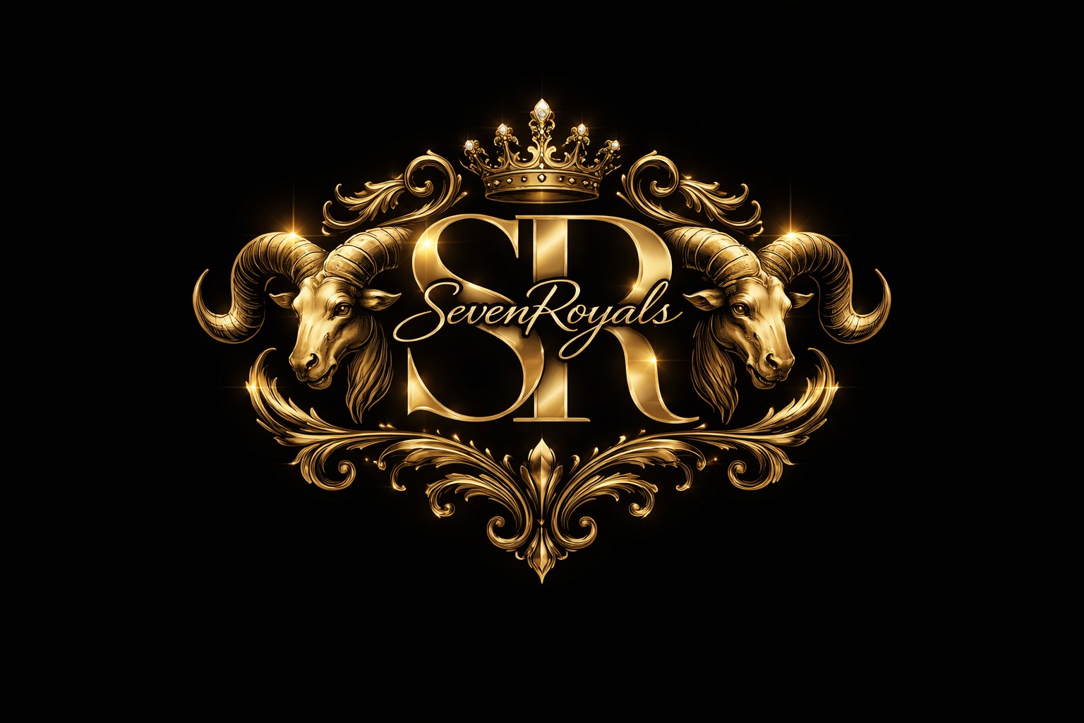 The Seven Royals gold crest with a crown, SR monogram and two rams